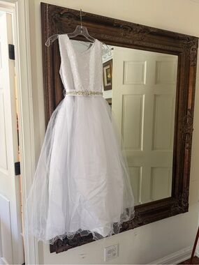 White Girls' Lace & Tulle First Communion Dress with Beaded Waist and veil
